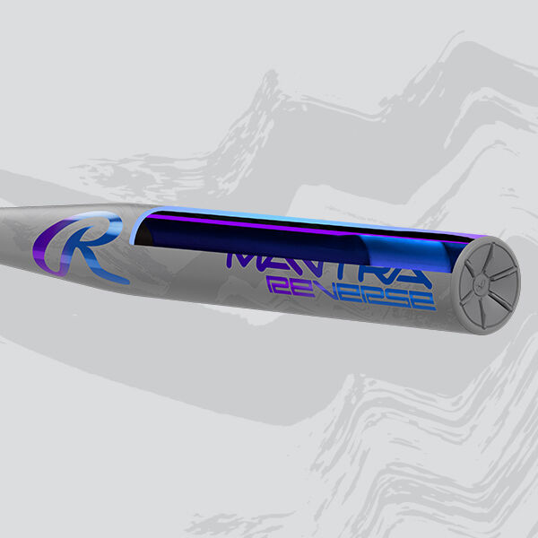 Close-up of a metallic baseball bat with a reflective blue and purple finish, featuring the words MANTRA REVENGE and a stylized R logo, set against a gray background with abstract patterns.