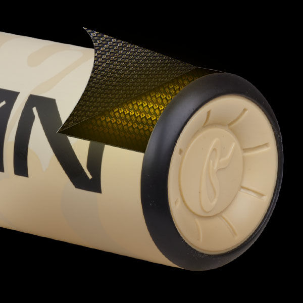 Close-up view of the end of a beige and black baseball bat, with a section of the outer layer peeled back to reveal a yellow, textured inner layer.
