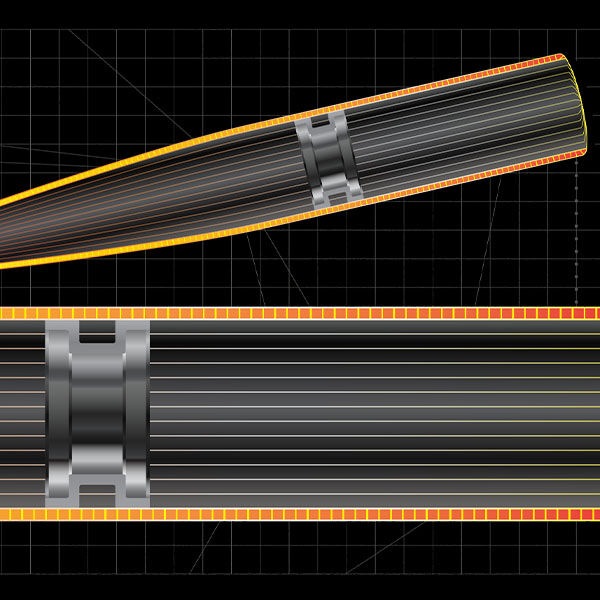 A technical illustration of a cylindrical object with a metallic connector, shown in side and cross-section views, against a black grid background; yellow and orange highlights border the object.