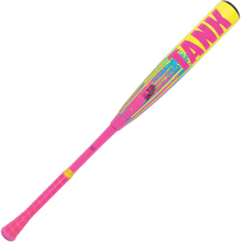 The 2025 Soldier Tank (-10) 2 3/4" USSSA Baseball Bat by Soldier Sports features a pink handle, huge yellow barrel, bold "TANK" in pink lettering, and bright blue and green accents—perfect for youth players seeking standout style.