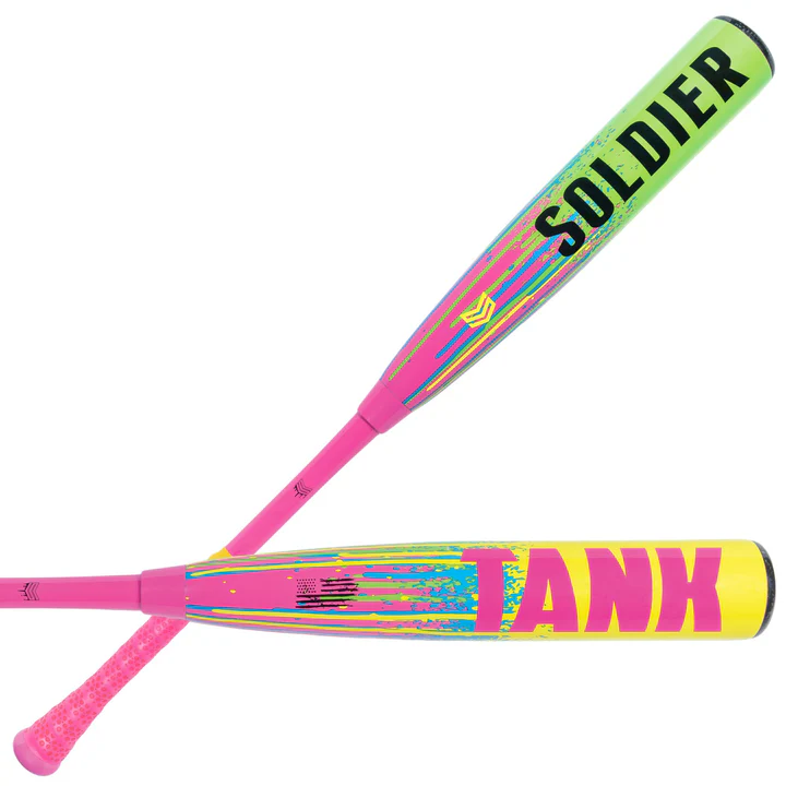 The 2025 Soldier Tank (-10) 2 3/4" USSSA Baseball Bat by Soldier Sports is a vibrant pink and yellow 2-piece composite bat with an enormous barrel, perfect for youth baseball.