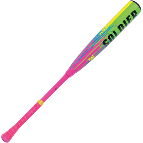 The Soldier Sports 2025 Soldier Tank (-10) 2 3/4" USSSA Baseball Bat (Y-25-2) features a pink handle, a bold yellow and green barrel with “SOLDIER” branding, and a streaked paint design—perfect for youth players.