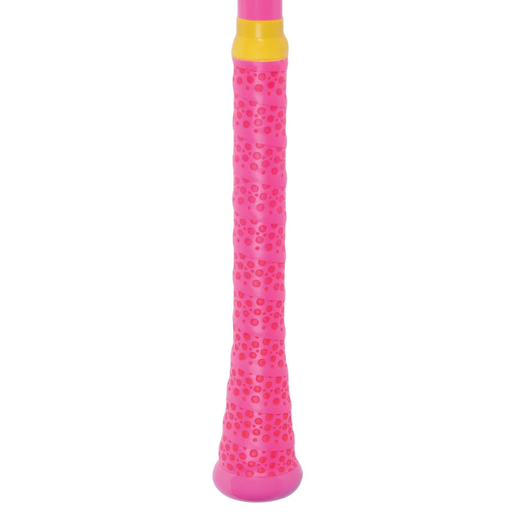 A close-up of the 2025 Soldier Tank (-10) 2 3/4" USSSA Baseball Bat by Soldier Sports, featuring a pink plastic body, an enormous barrel, textured grip, and a yellow ring near the top, set against a plain white background.
