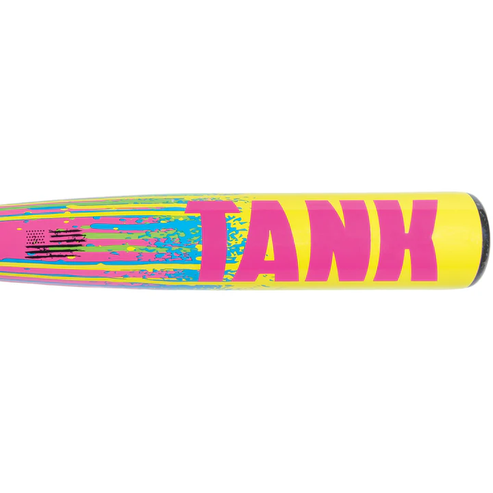 Close-up of the 2025 Soldier Tank (-10) 2 3/4" USSSA Baseball Bat by Soldier Sports—a yellow, 2-piece composite bat with bold pink "TANK" lettering, vibrant paint streaks, an oversized barrel, and American flag graphic.