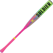 The 2025 Soldier Tank (-10) 2 3/4" USSSA Baseball Bat by Soldier Sports features a pink handle, large green barrel, bold SOLDIER lettering, and colorful streaks on its vibrant 2-piece composite design.