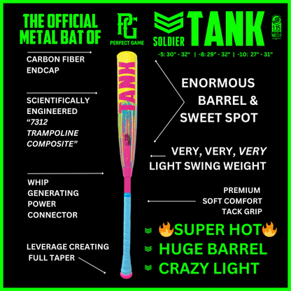 Promotional graphic for the 2025 Soldier Tank (-10) 2 3/4" USSSA Baseball Bat by Soldier Sports, showcasing its 2-piece composite build, huge barrel, blazing hot pop, and ultra-light weight with a vibrant image of the bat in the center.