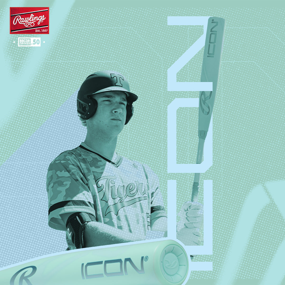 A man stands ready at the plate with the 2026 Rawlings Icon (-3) BBCOR Baseball Bat: RBB6I3, highlighting the advanced carbon composite design from Rawlings.