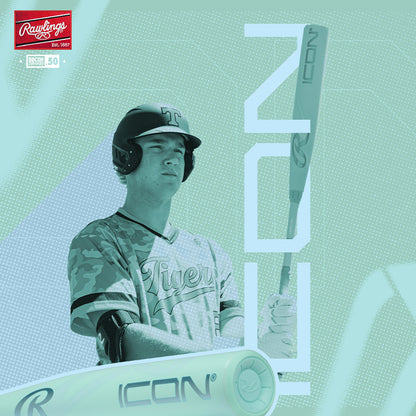 A man stands ready at the plate with the 2026 Rawlings Icon (-3) BBCOR Baseball Bat: RBB6I3, highlighting the advanced carbon composite design from Rawlings.