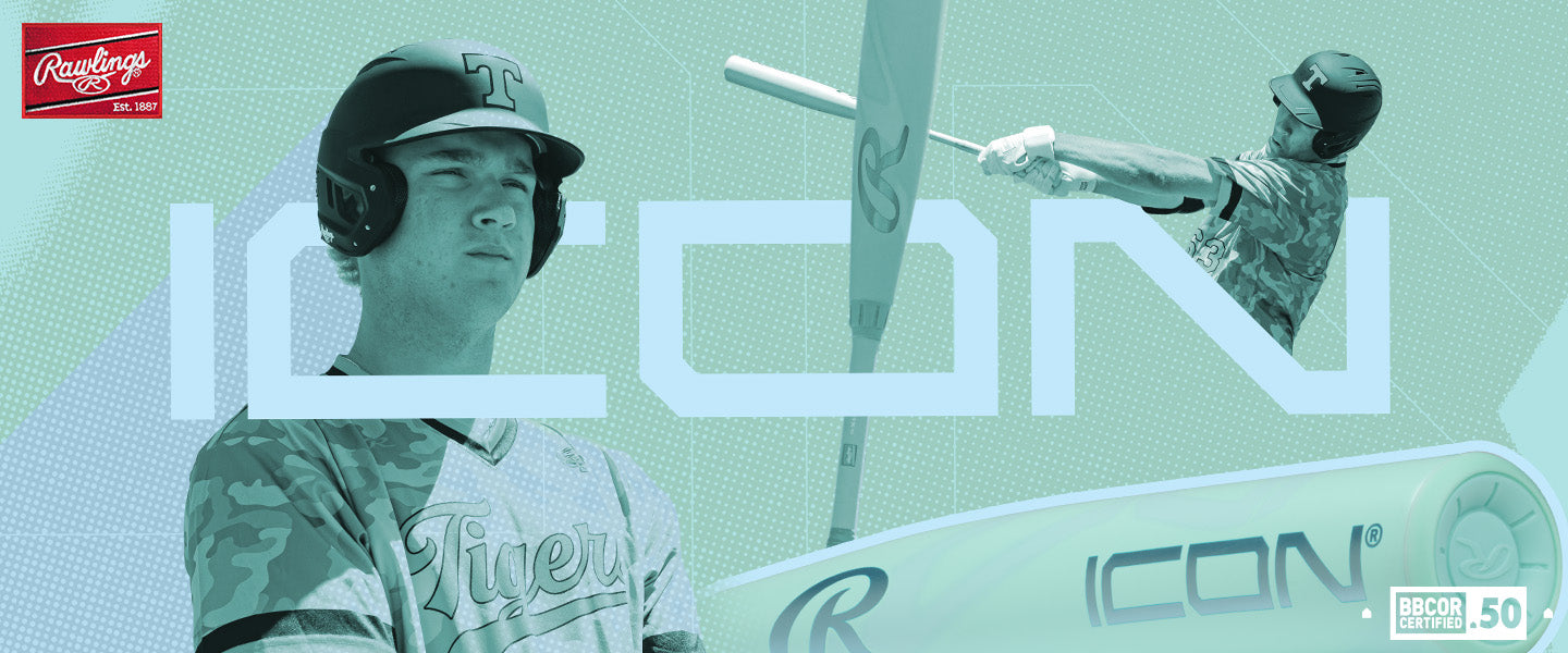 A baseball player in a camouflage uniform poses and swings a bat. The word ICON is displayed prominently over the image, with a close-up of a bat and the Rawlings logo in the background.