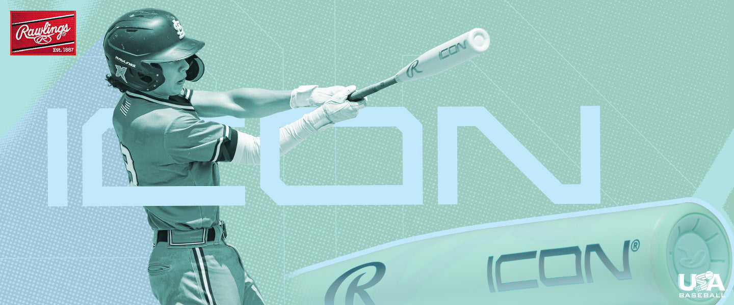 A baseball player in uniform swings a bat labeled “ICON” with Rawlings and USA Baseball logos visible; the word “ICON” is prominently displayed in large letters behind the player.