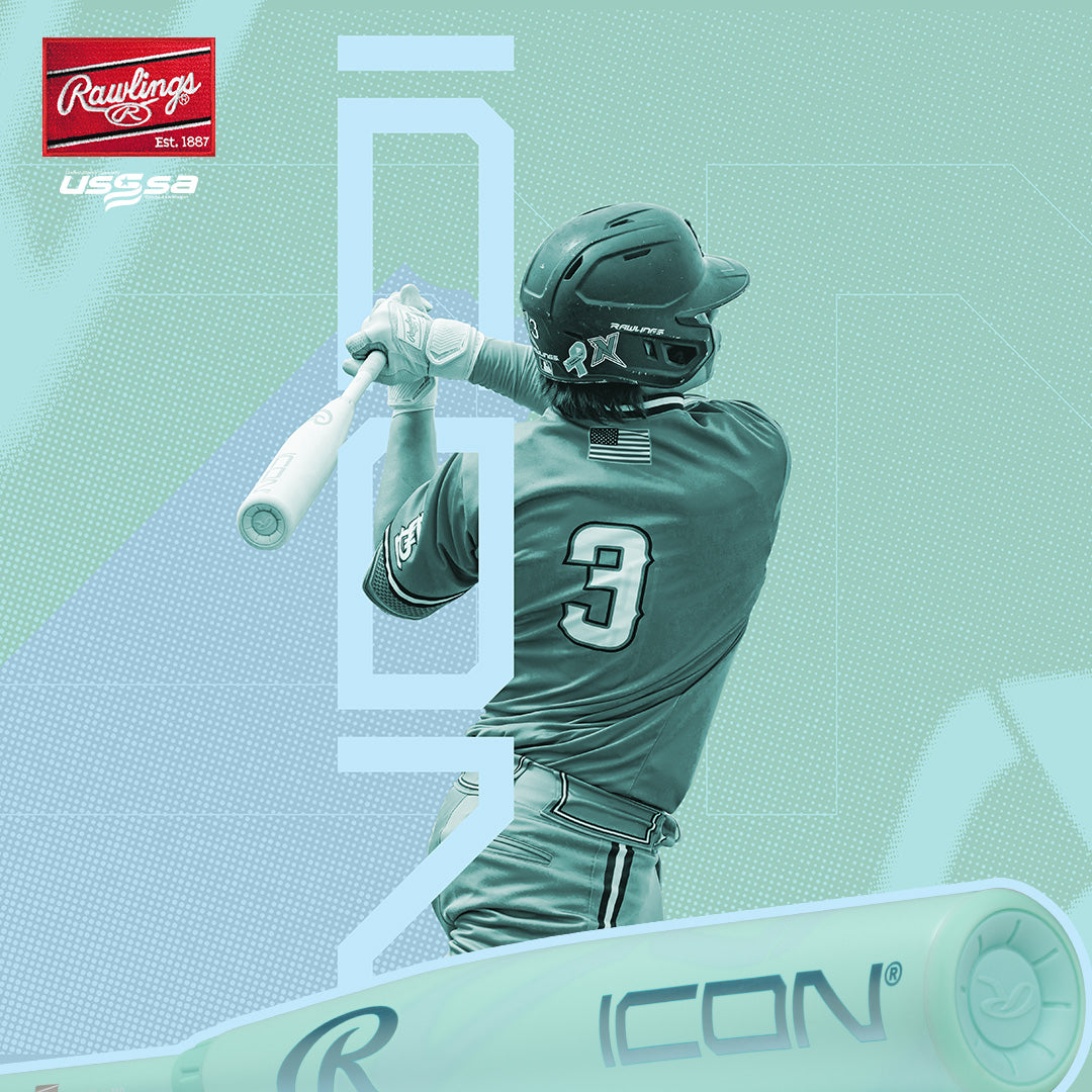 A baseball player in jersey #9 swings the 2026 Rawlings Icon (-5) 2 3/4" USSSA Baseball Bat (RUT6I5). A teal overlay covers the image with Rawlings, USSSA, and ICON logos displayed in the corners and foreground.