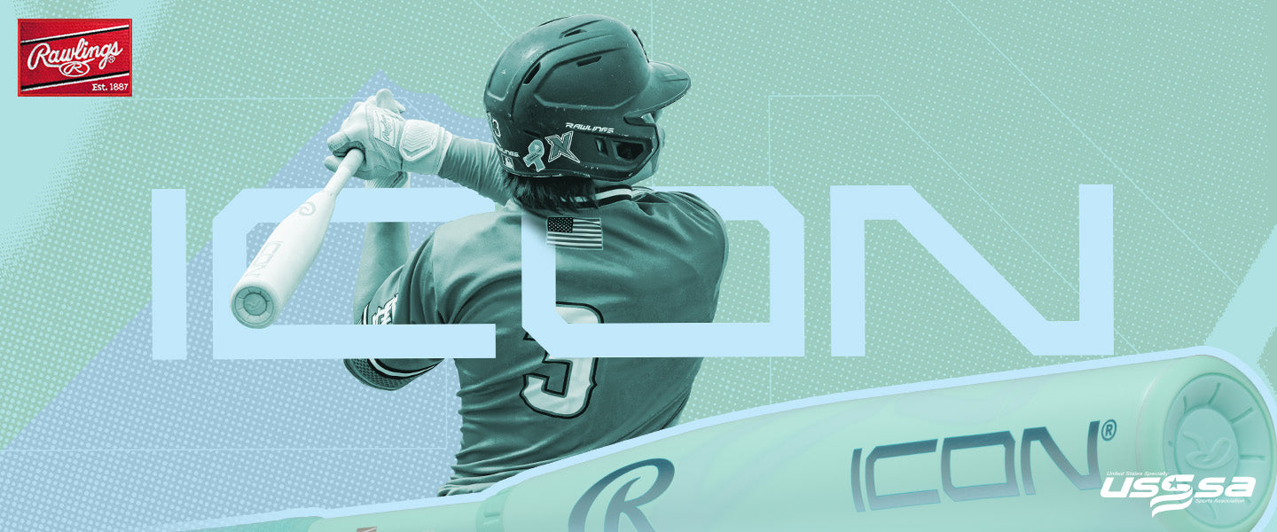 A baseball player in a helmet swings a bat labeled ICON, with large text reading ICON in the background and the logos for Rawlings and USSSA visible.