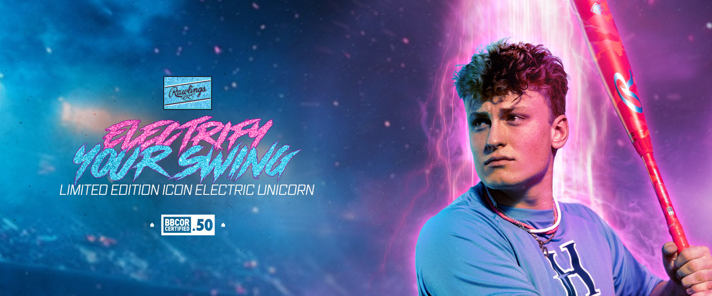 A young man in a blue baseball uniform holds a vibrant pink bat with lightning in the background; bold text says, Electrify Your Swing. Limited Edition Icon Electric Unicorn. Rawlings and BBCOR Certified logos are also visible.