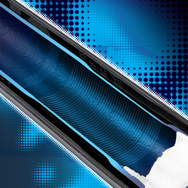 Close-up of a blue and black cylindrical object with thin, concentric lines, set against a blue background with a halftone dot pattern and abstract digital effects.