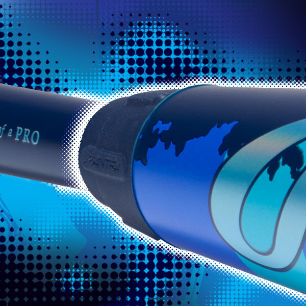Close-up of a blue and black baseball bat with stylized graphics and text, set against a blue halftone dotted background with abstract light effects.