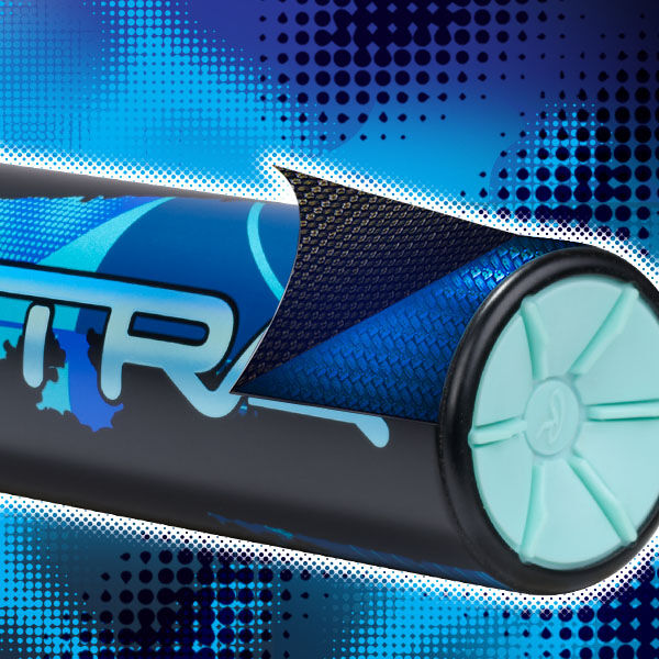 A close-up of a blue and black baseball bat with a stylized design, featuring textured grip detail and a light blue end cap against a blue, dotted background.