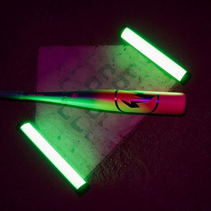 The 2026 Easton Hype Fire (-11) 2 5/8" USA Baseball Bat (EUS6HYP11) features a vivid lightning bolt logo, glowing under green and pink neon lights, infusing any game with the vibrant energy only Easton delivers.