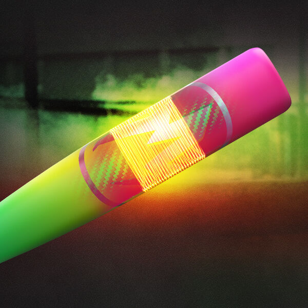 A colorful, cylinder-shaped vape pen with a bright, glowing lightning bolt symbol in the center, set against a dark, blurred background with green and orange tones.