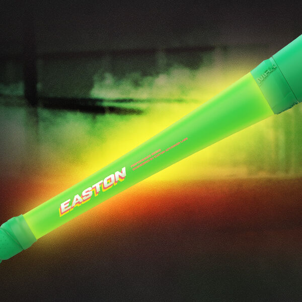 A neon green Easton baseball bat is shown angled against a dark, blurred background with a glowing yellow-green light effect behind it.