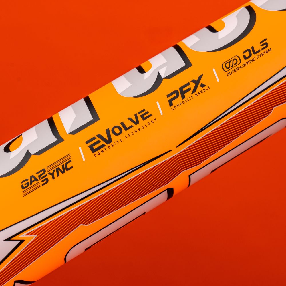 Close-up of the Marucci 2025 ASURA Glow Citrus Spark (-10) Fastpitch Bat, orange and white with bold logos and text highlighting GAP SYNC Barrel, EVOLVE Composite Tech, PFX, and OLS against a solid orange background.