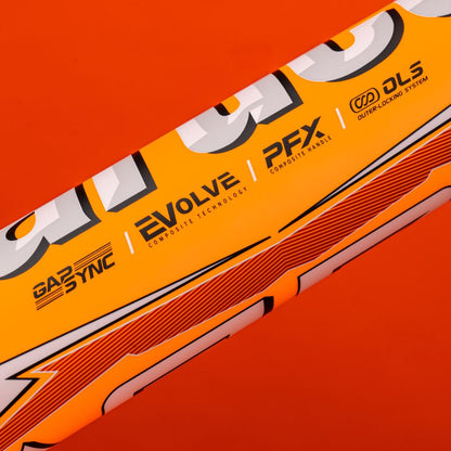 Close-up of the Marucci 2025 ASURA Glow Citrus Spark (-10) Fastpitch Bat, orange and white with bold logos and text highlighting GAP SYNC Barrel, EVOLVE Composite Tech, PFX, and OLS against a solid orange background.