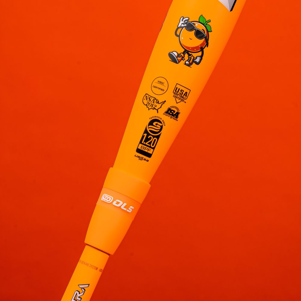 A close-up of the 2025 Marucci ASURA Glow Citrus Spark (-11) Fastpitch Softball Bat (MFPAS11O), featuring a cartoon orange with sunglasses, certification logos, text, and highlighting its Gap Sync Barrel Technology—all on a bright orange background.