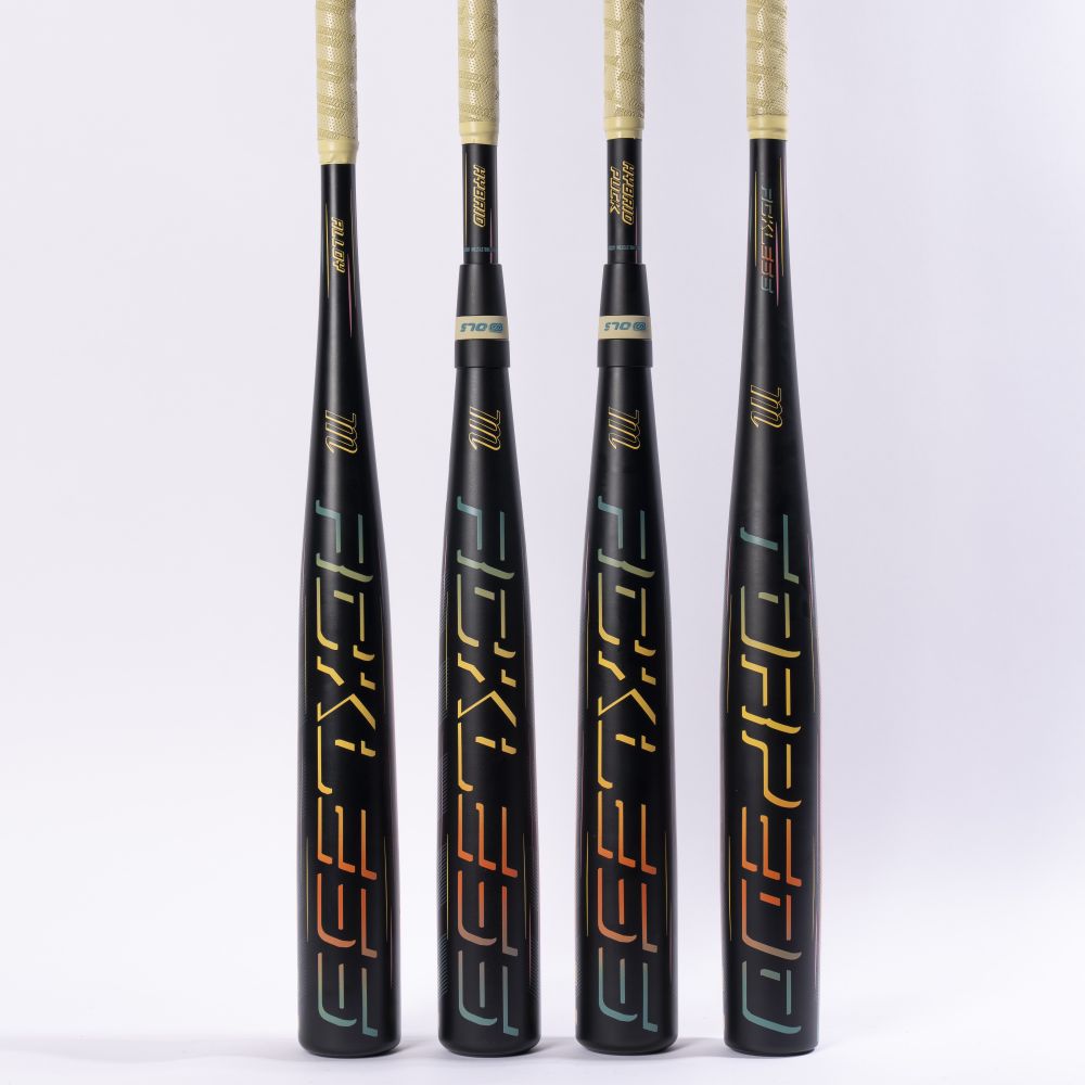 Four Marucci 2027 RCKLESS Gen 2 Hybrid (-3) BBCOR Baseball Bats by Marucci are standing upright side by side, each featuring a black AZR Alloy barrel, a light-colored grip at the top, and a sleek, modern design against a plain white background.