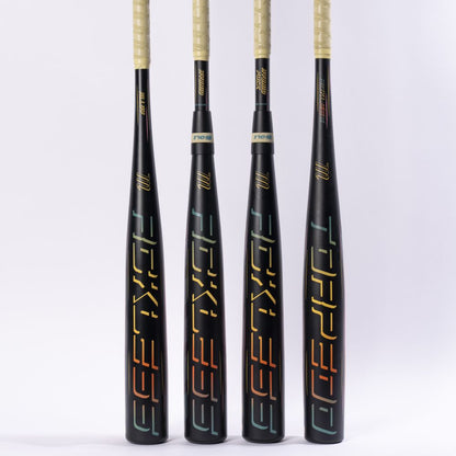 Four Marucci 2027 RCKLESS Gen 2 Hybrid (-3) BBCOR Baseball Bats by Marucci are standing upright side by side, each featuring a black AZR Alloy barrel, a light-colored grip at the top, and a sleek, modern design against a plain white background.