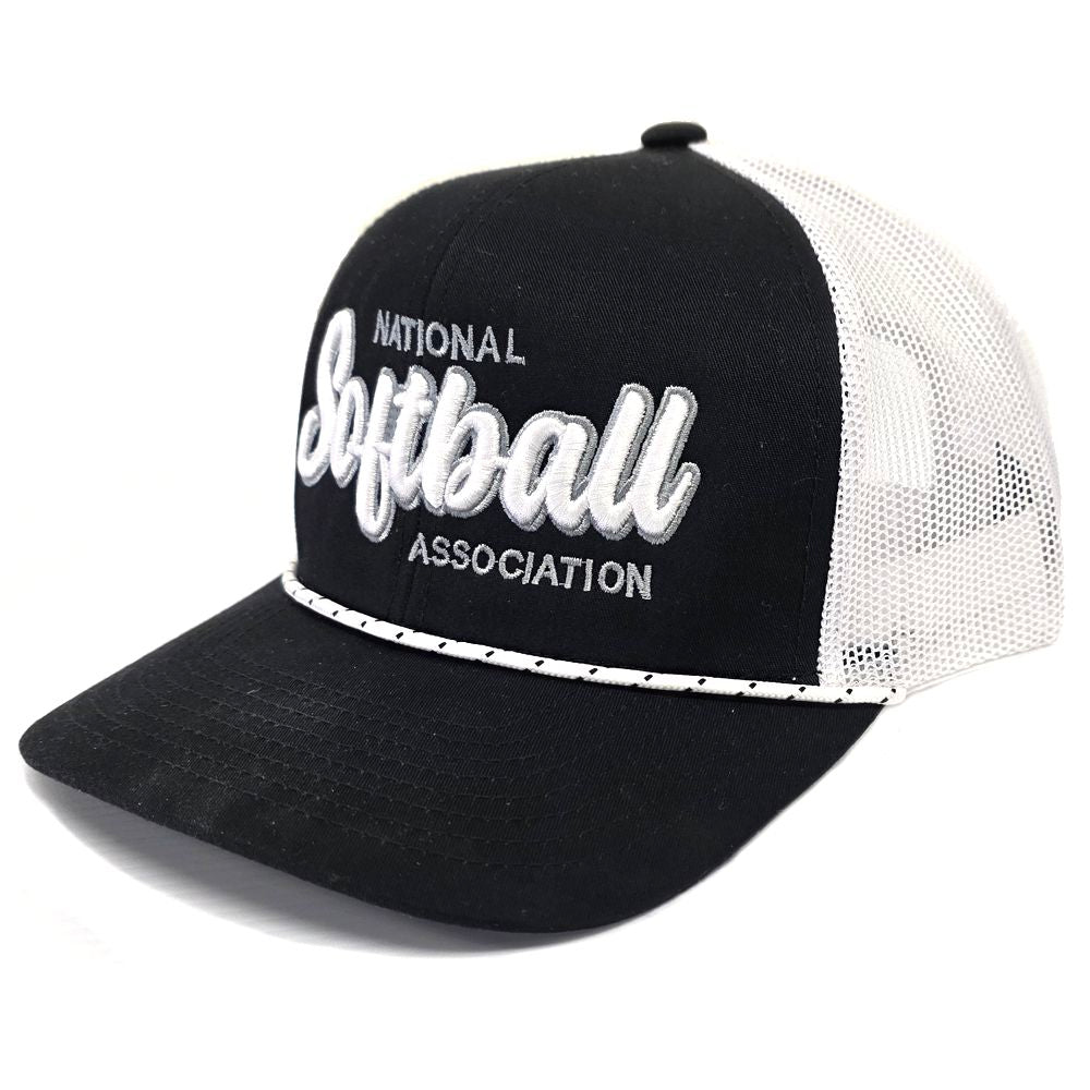 The NSA Script Trucker Snapback Braid Hat: 104BR by Pacific Headwear features a black and white design, 3D National Softball Association script logo, white mesh back, curved bill, and decorative white braid above the visor.