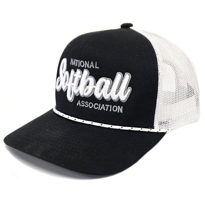 The NSA Script Trucker Snapback Braid Hat: 104BR by Pacific Headwear features a black and white design, 3D National Softball Association script logo, white mesh back, curved bill, and decorative white braid above the visor.