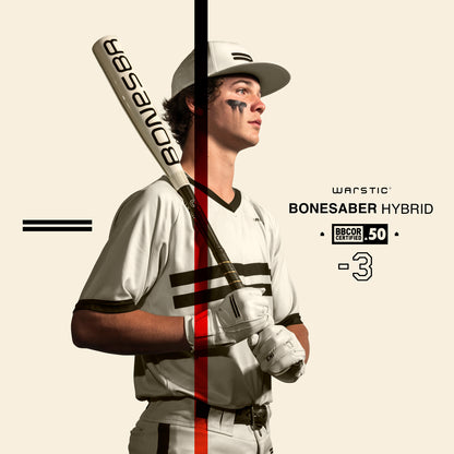 A baseball player in a white and black uniform holds the 2025 Warstic Bonesaber Hybrid (-3) BBCOR Baseball Bat (MBBSRHB25WH3). Text reads BBCOR Certified .50. The image is accented by a vertical red line and horizontal black lines.