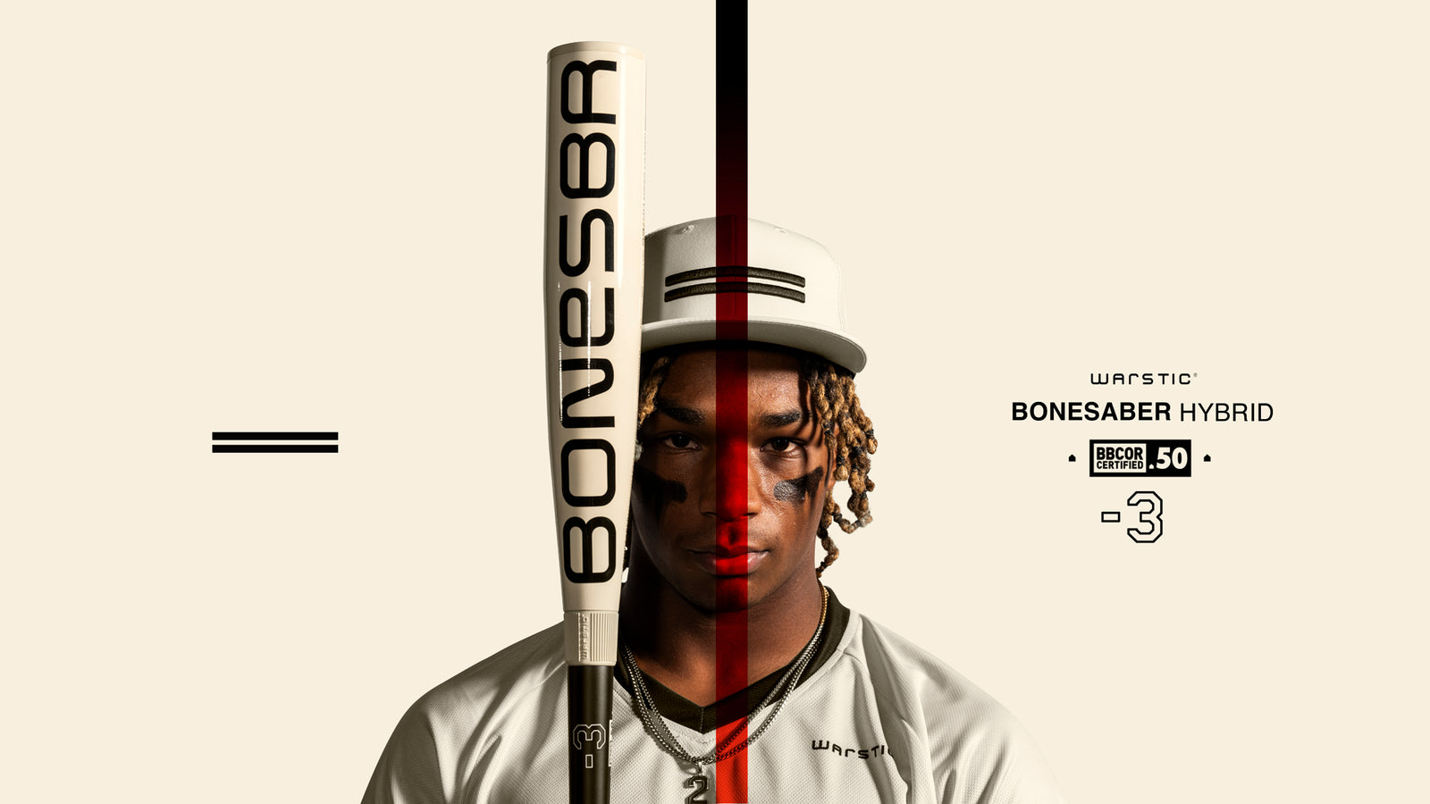 A baseball player in a white uniform and cap holds a Bonesaber Hybrid bat vertically. The image is split down the middle with different lighting on each side. Text reads WARSTIC BONE SABER HYBRID, BBCOR .50, -3.
