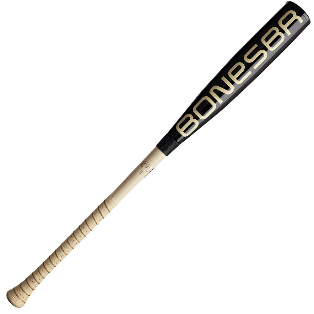 The 2025 Warstic Bonesaber Hybrid Black Cobra (-3) BBCOR Baseball Bat features a beige handle, black barrel with large BONESBR branding, textured grip, and Katana2X Alloy Barrel for top performance.