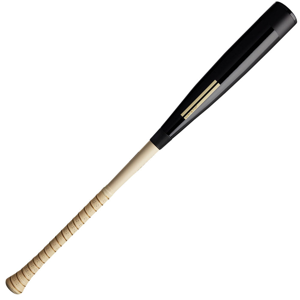 The 2025 Warstic Bonesaber Hybrid Black Cobra (-3) BBCOR Baseball Bat (MBBSRHB25BK3) features a black barrel, light handle with tan grip tape, and a Katana2X Alloy Barrel, shown on a white background.