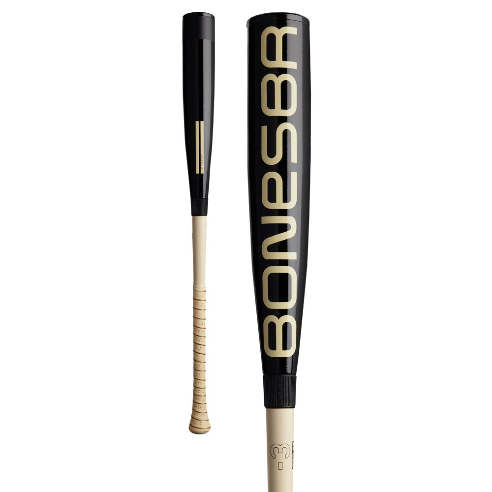 The image shows a 2025 Warstic Bonesaber Hybrid Black Cobra (-3) BBCOR Baseball Bat (MBBSRHB25BK3) in black and beige, with large BONESBR on the barrel, a beige grip tape handle, rounded end, and both front and side views displayed.