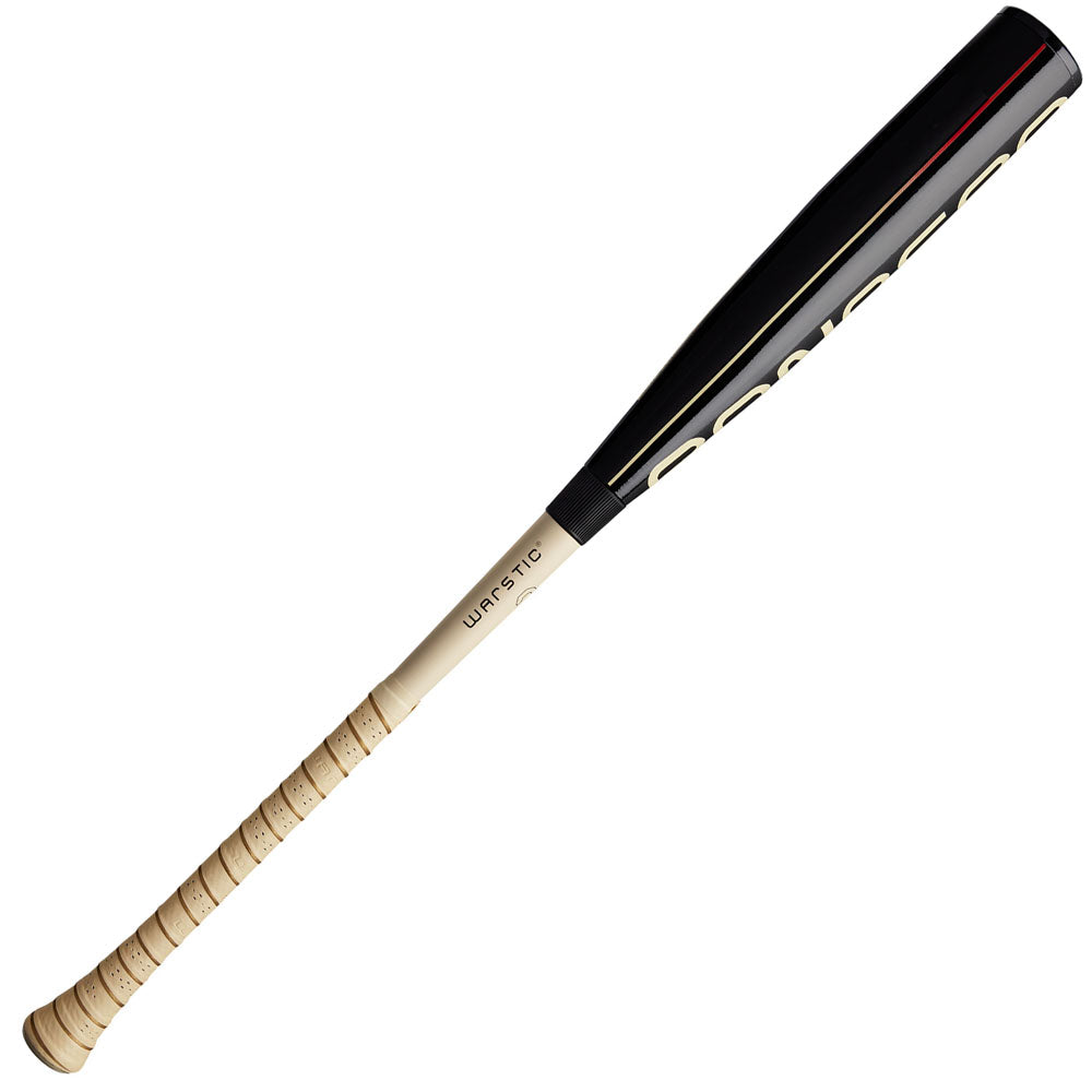 The 2025 Warstic Bonesaber Hybrid Black Cobra (-3) BBCOR Baseball Bat features a sleek black and beige design, a grip-taped beige handle with WARSTIC branding, and a glossy Katana2X Alloy Barrel for standout performance.