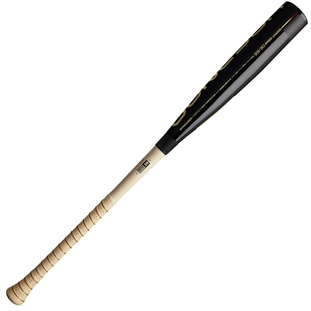 The Warstic 2025 Bonesaber Hybrid Black Cobra (-3) BBCOR Baseball Bat features a beige grip-taped handle and a glossy black barrel, displayed against a white background.