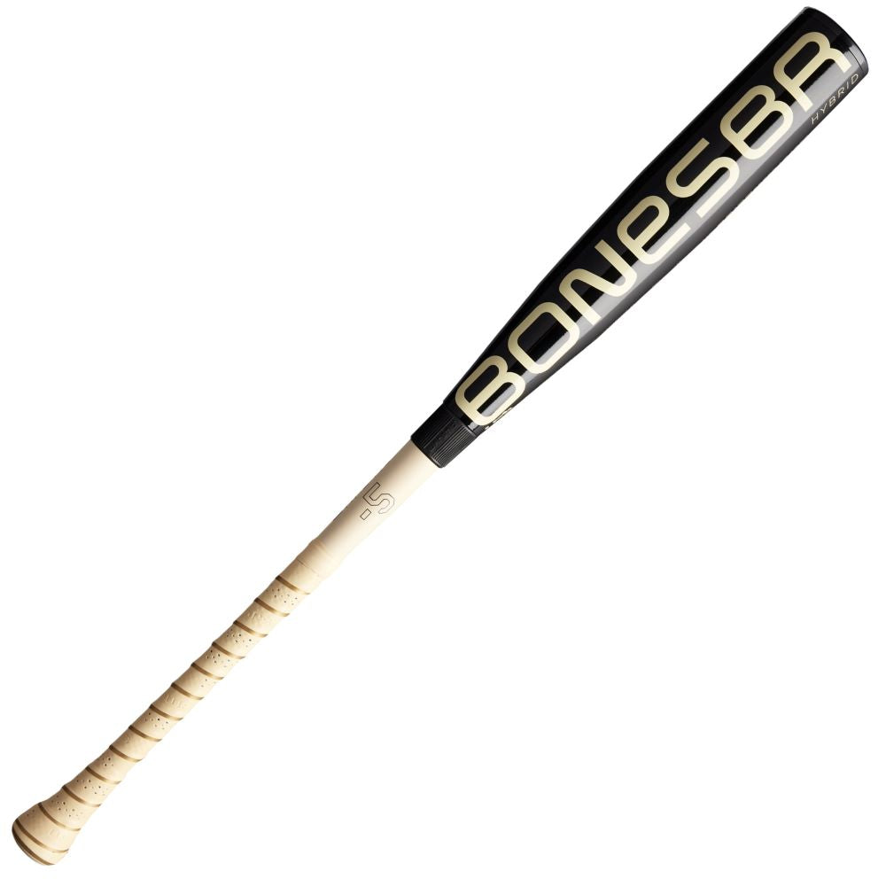 The 2025 Warstic Bonesaber Hybrid Black Cobra (-5) USA Baseball Bat features a black and beige metal design with a Katana2X Alloy Barrel and BONESBR branding, plus a beige grip handle inspired by the classic Bonesaber Hybrid look.