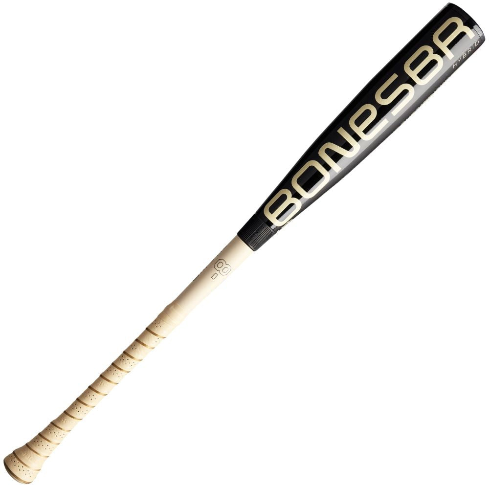 The 2025 Warstic Bonesaber Hybrid Black Cobra (-8) USA Baseball Bat features a black and beige design, BONESBR in large gold on the Katana2X Alloy Barrel, and a wrapped beige handle.