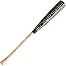 The 2025 Warstic Bonesaber Hybrid Black Cobra (-8) USA Baseball Bat features a black and beige design, BONESBR in large gold on the Katana2X Alloy Barrel, and a wrapped beige handle.