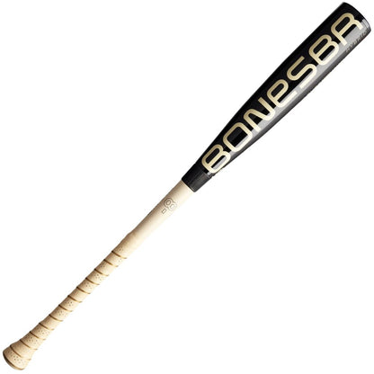 The 2025 Warstic Bonesaber Hybrid Black Cobra (-8) USA Baseball Bat features a black and beige design, BONESBR in large gold on the Katana2X Alloy Barrel, and a wrapped beige handle.