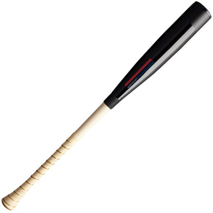 The 2025 Warstic Bonesaber Hybrid Black Cobra (-8) USA Baseball Bat features a light-textured handle, a sleek black Katana2X Alloy Barrel, and subtle red and blue accents near the top.