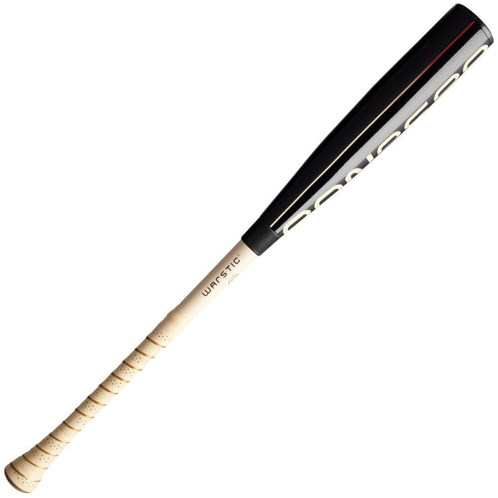 The 2025 Warstic Bonesaber Hybrid Black Cobra (-8) 2 5/8" USA Baseball Bat features a black and beige design, Katana2X Alloy Barrel, light-wrapped handle, and the WARSTIC brand name printed on the barrel.