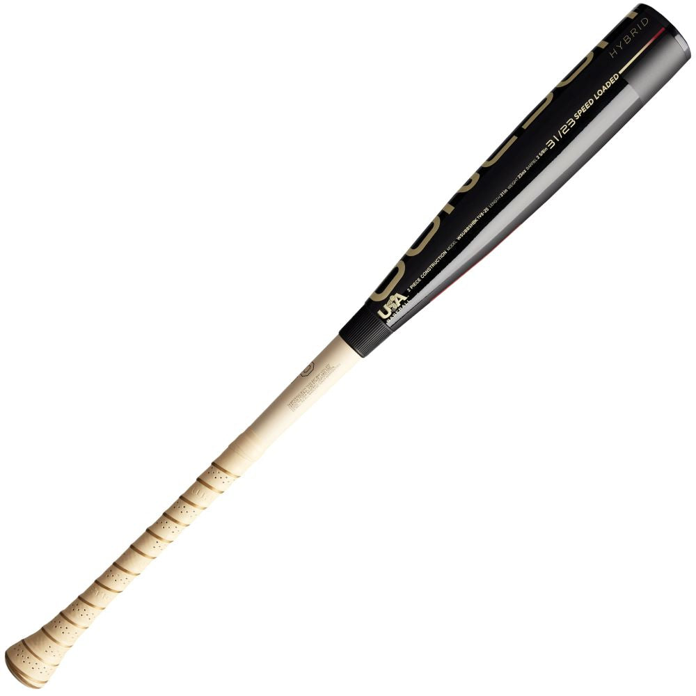 The 2025 Warstic Bonesaber Hybrid Black Cobra (-8) USA Baseball Bat features a black and beige design, wrapped handle, Katana2X Alloy Barrel, and “USA Baseball” certification, shown on a white background.