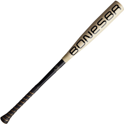 A beige and black 2025 Warstic Bonesaber Hybrid (-3) BBCOR Baseball Bat (MBBSRHB25WH3) with the WARSTIC brand boldly printed on the barrel, featuring a wrapped grip handle.