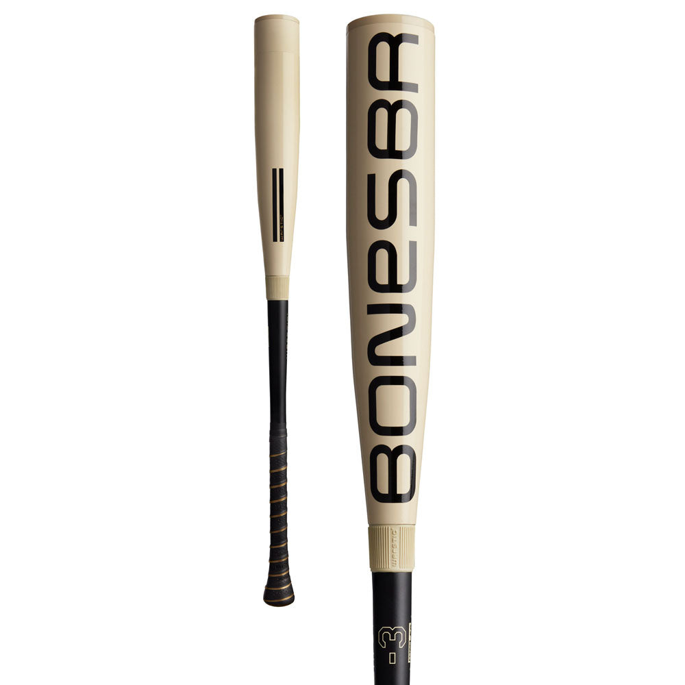 Two views of the 2025 Warstic Bonesaber Hybrid (-3) BBCOR Baseball Bat—a beige Warstic bat with bold BONES BR text on the barrel and a black handle wrapped in stylish black and gold diagonal stripe grip.