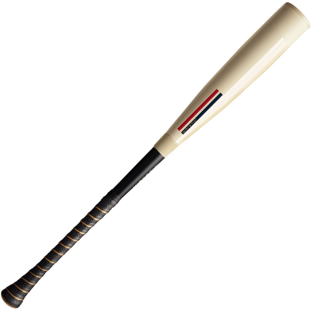 The 2026 Warstic Bonesaber Hybrid (-10) USA Baseball Bat features a beige metal barrel, black handle with grip tape, and a small red, black, and white stripe near the Katana2X Alloy Barrel.