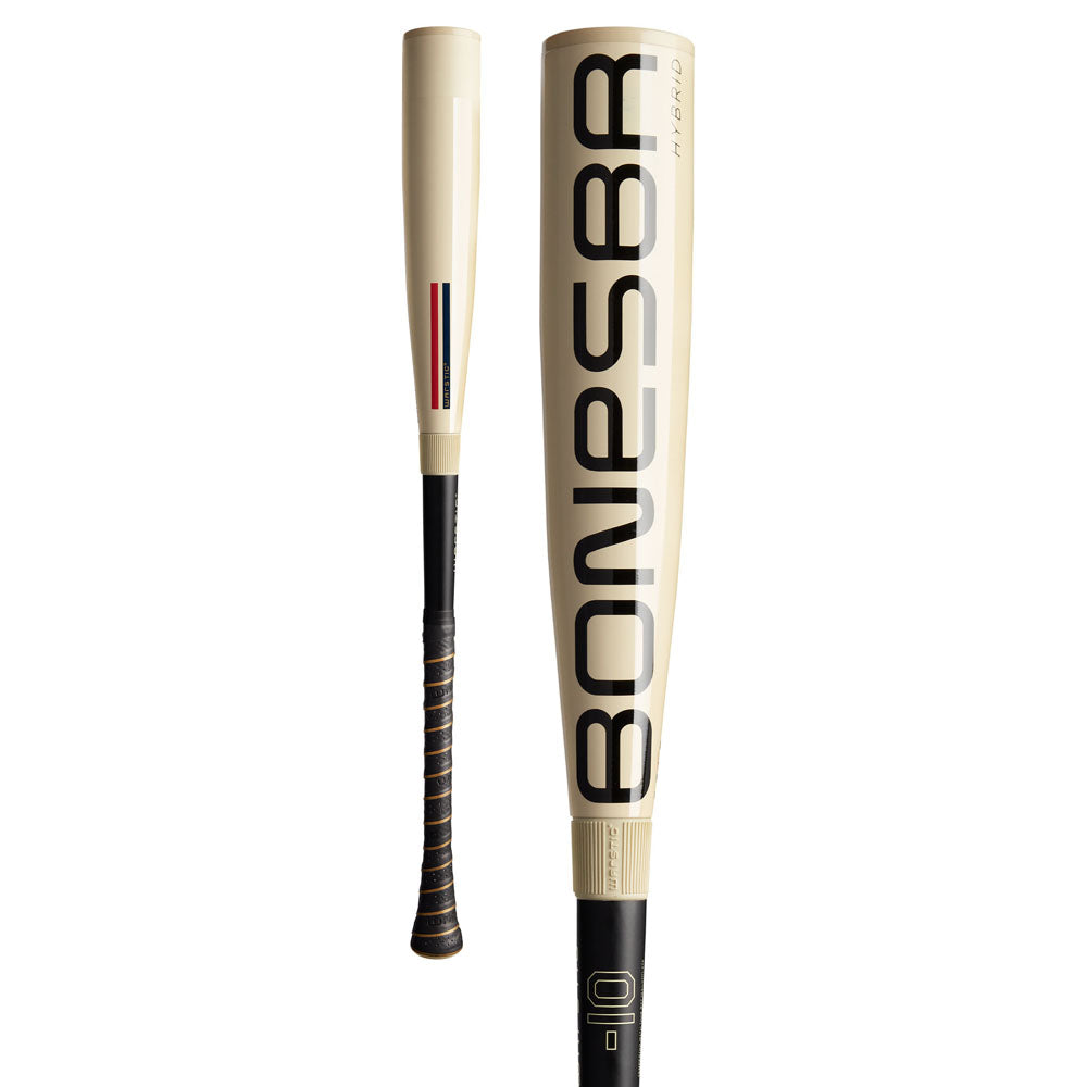 Two angles of the 2026 Warstic Bonesaber Hybrid (-10) USA bat show “BONESBR” on the barrel, a Katana2X Alloy Barrel, and a black grip with tan accents for modern style and top performance.
