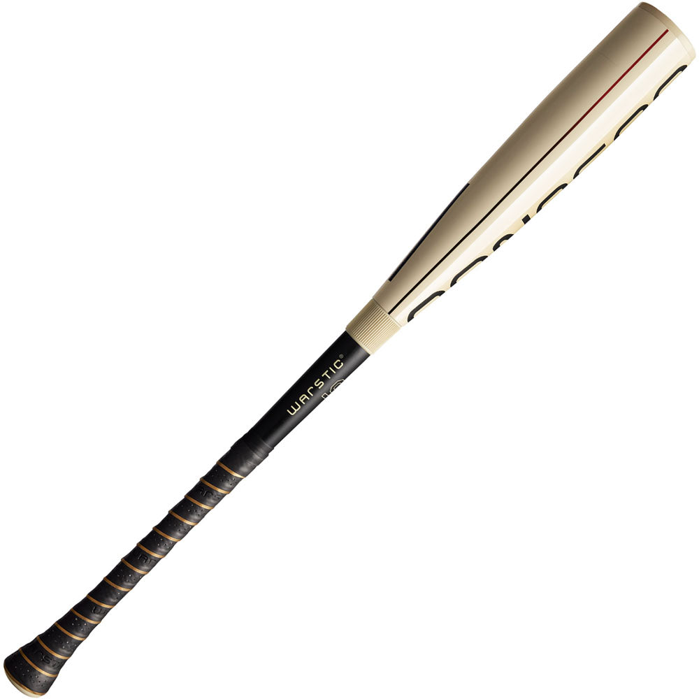 The 2026 Warstic Bonesaber Hybrid (-10) 2 5/8" USA Baseball Bat features a beige alloy barrel with black and gold accents, a wrapped black handle with gold rings, and the Warstic logo near the bottom.
