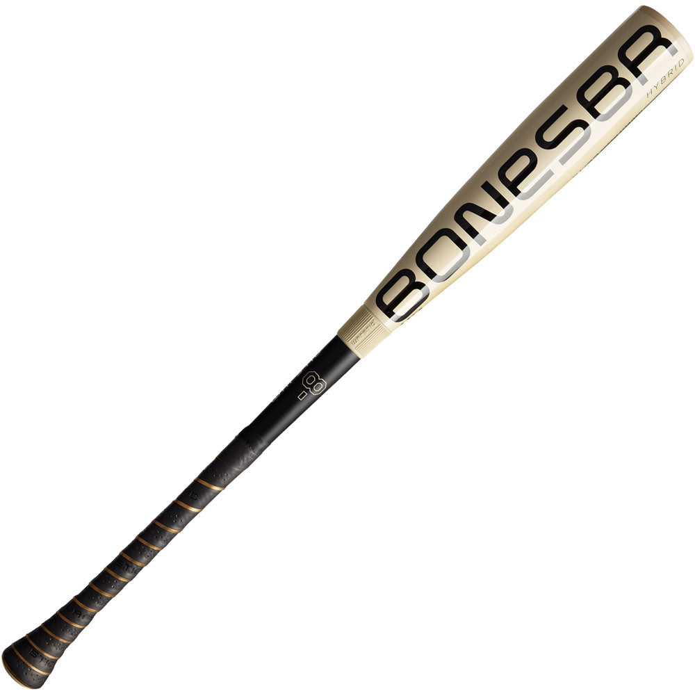 The 2026 Warstic Bonesaber Hybrid (-8) 2 5/8" USA Baseball Bat features a Katana2X Alloy Barrel, tan and black design, BOMBSR in bold black on the barrel, and a black grip with gold accents for standout style and performance.